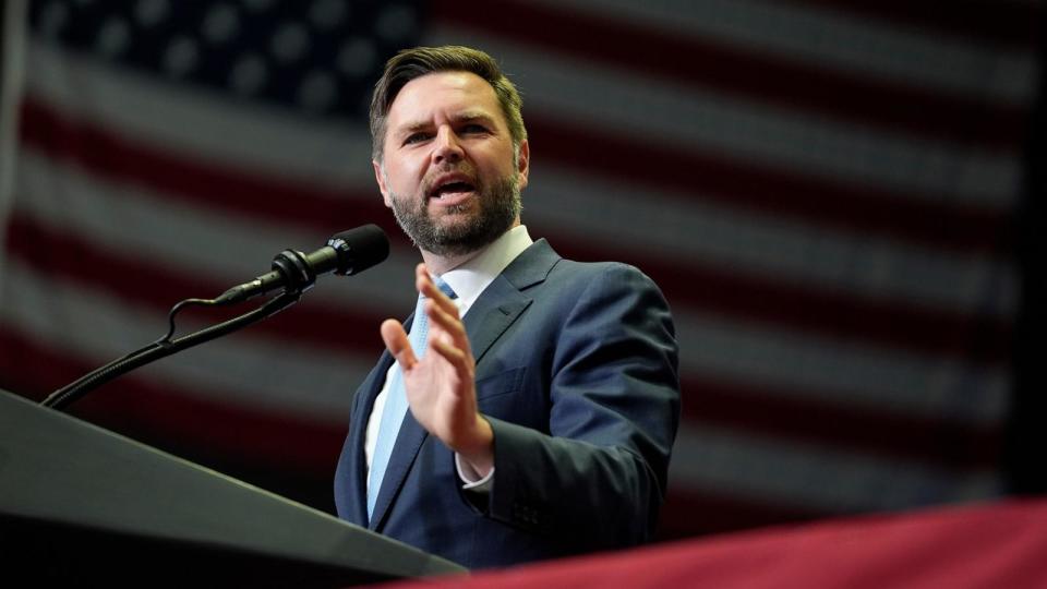 PHOTO: Republican vice-presidential candidate, Sen. J.D. Vance speaks during a campaign rally, July 20, 2024, in Grand Rapids, Mich. (Evan Vucci/AP)