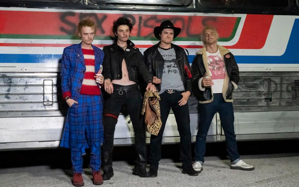 (L-R) Anson Boon as John Lyndon, Louis Partridge as Sid Vicious, Toby Wallace as Steve Jones, and Jacob Slater as Paul Cook - FX