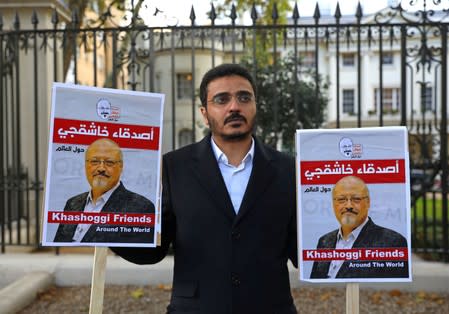 People protest against the killing of journalist Jamal Khashoggi in Turkey outside the Saudi Arabian Embassy in London