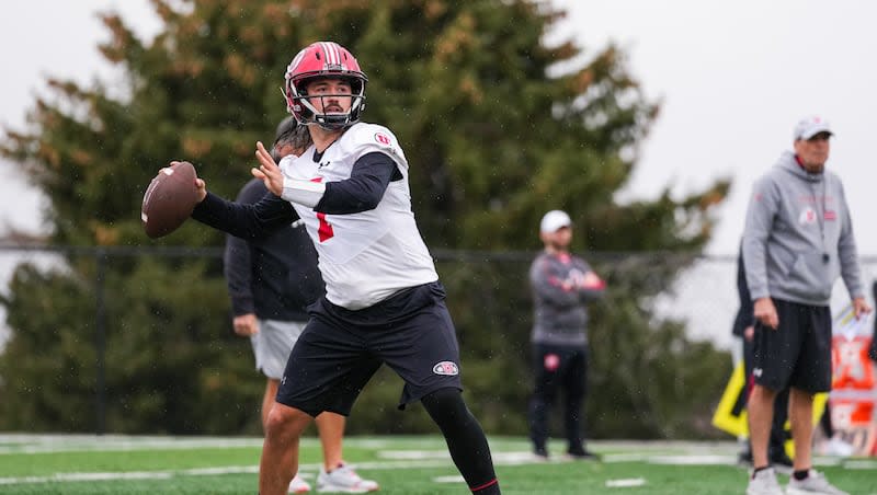 Utah QB Cam Rising throws during Utah spring camp at Spence and Cleone Eccles Football Center in Salt Lake City, UT on Tuesday, March 12, 2024.