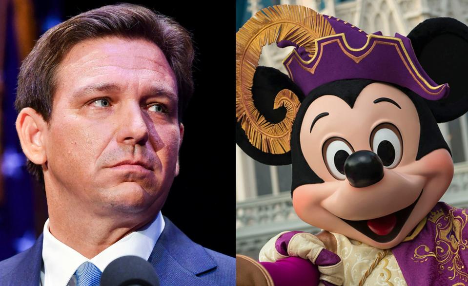 Florida Governor Ron DeSantis , left, is taking on Walt Disney Co. in a battle over control of the company's land management district.