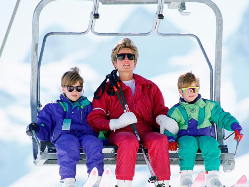 The Princess Of Wales With Her Two Sons, Prince William And Prince Harry On A Chair-lift During A Ski Hloiday In Lech, Austria