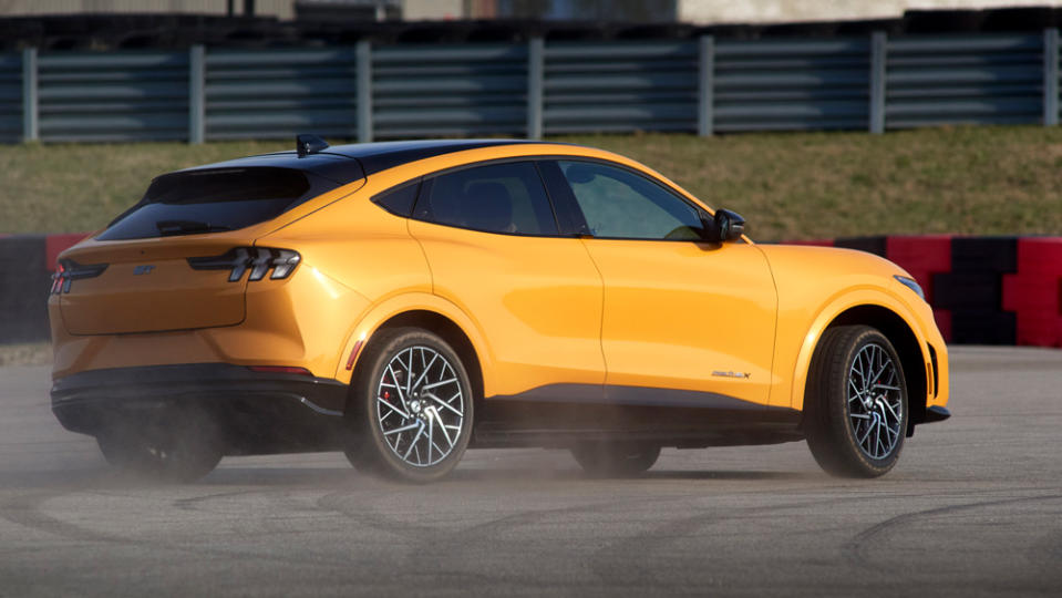 The Mach-E GT cuts loose on an autocross course. - Credit: Photo by Eric Perry, courtesy of Ford Motor Company.