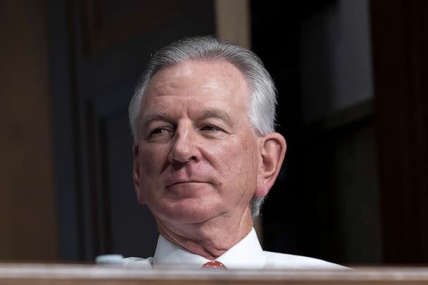 PHOTO: Sen. Tommy Tuberville, listens during a Senate Armed Services Committee hearing to examine the proposed budget request for fiscal year 2024 for the Department of Defense and the Future Years Defense Program, March 28, 2023, in Washington. (Mariam Zuhaib/AP)