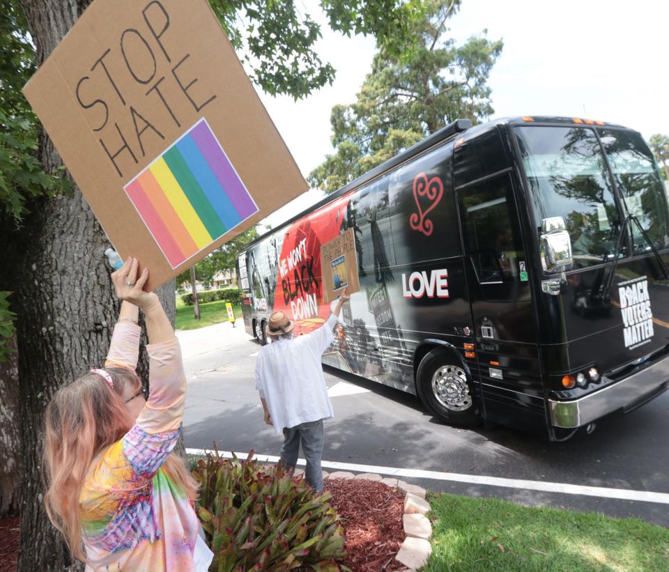 The Stay Woke Rolling Votercade buses arrive, Friday June 23, 2023 at the Allen Chapel AME Church in Daytona Beach.