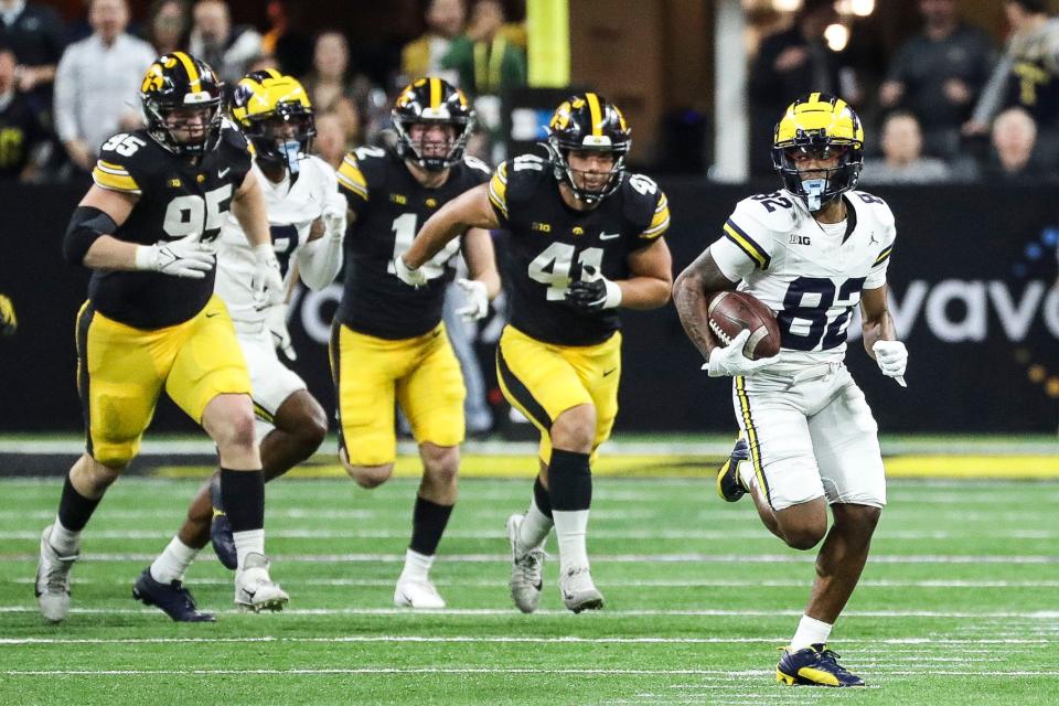 Michigan punt return Semaj Morgan runs against Iowa during the first half of the Big Ten championship game at Lucas Oil Stadium in Indianapolis, Ind. on Saturday, Dec. 2, 2023.