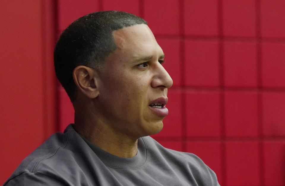 June 17, 2022; Glendale, Arizona; USA; Former NBA player Mike Bibby watches Desert Mountain play during a game in the Section 7 basketball tournament at State Farm Stadium. Mandatory Credit: Patrick Breen-Arizona Republic
