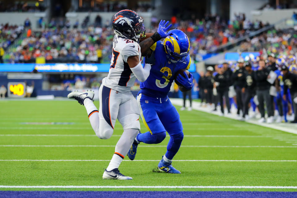 INGLEWOOD, CA - DECEMBER 25: Los Angeles Rams running back Cam Akers (3) runs the ball for a touchdown during the NFL game between the Denver Broncos and the Los Angeles Rams on December 25, 2022, at SoFi Stadium in Inglewood, CA. (Photo by Jordon Kelly/Icon Sportswire via Getty Images)