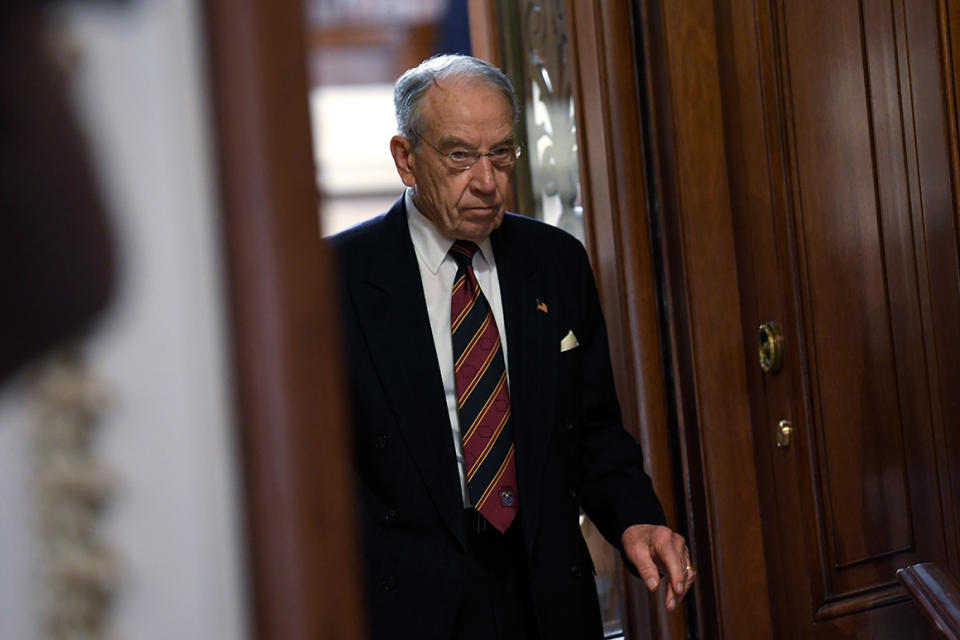 Sen. Chuck Grassley, R-Iowa, walks on Capitol Hill in Washington, Monday, Feb. 3, 2020, during a break in the impeachment trial of President Donald Trump. (AP Photo/Susan Walsh)