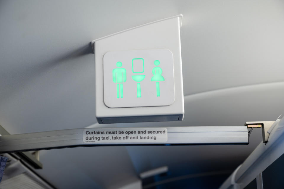 A sign above a sink area in an airplane shows symbols for men, women, and a baby changing station. Nearby, a label reads, 