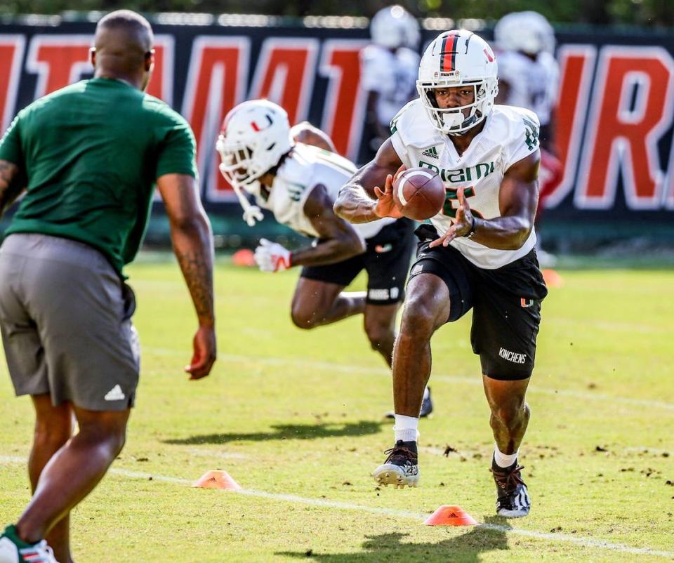 Miami Hurricanes defensive back Kamren Kinchens (5) runs through practice drills at the University of Miami’s Greentree Field on Tuesday, March 7, 2023.