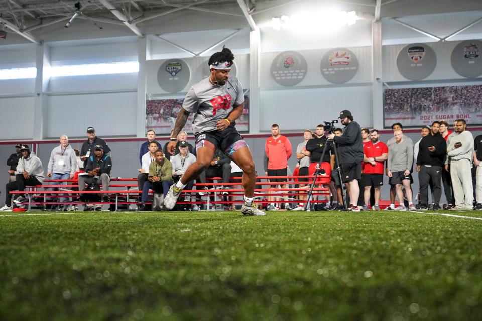 Mar 20, 2024; Columbus, Ohio, USA; Ohio State Buckeyes linebacker Steele Chambers runs a shuttle drill during Pro Day at the Woody Hayes Athletic Center.