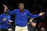 Detroit Pistons head coach Dwane Casey looks for answers from the referees during the second half of an NBA basketball game against the Los Angeles Lakers Sunday, Nov. 28, 2021, in Los Angeles. (AP Photo/Alex Gallardo)