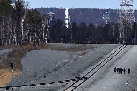 A Russian Soyuz 2.1a rocket carrying Lomonosov, Aist-2D and SamSat-218 satellites stands on the launch pad at the new Vostochny cosmodrome outside the city of Uglegorsk, about 200 km from the city of Blagoveshchensk in the far eastern Amur region on April 27, 2016. REUTERS/ Kirill Kudryavstev