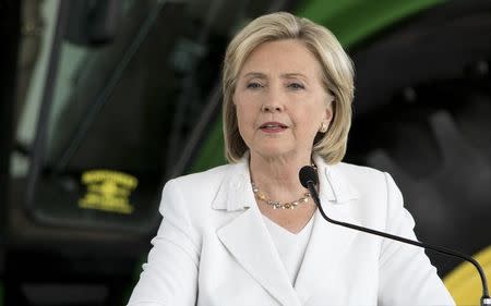 Democratic presidential candidate Hillary Clinton speaks during a press conference after talking about her strategy for rural America during a campaign stop at the FFA Enrichment Center at Des Moines Area Community College in Ankeny, Iowa August 26, 2015. REUTERS/Scott Morgan