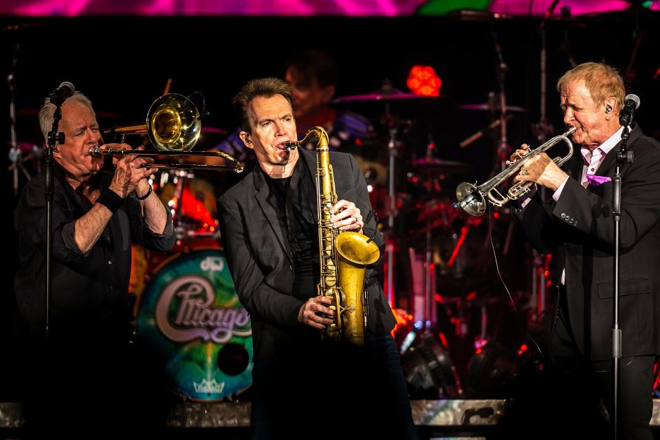 Members of rock band Chicago perform during a concert, May 13, 2023, at Xtream Arena in Coralville, Iowa. Chicago lands in Tallahassee for a concert on Friday, Oct. 6, 2023.