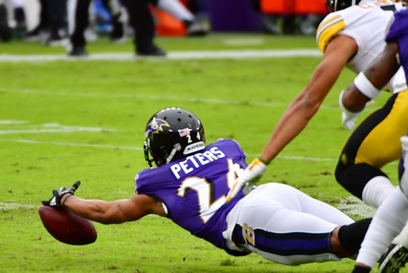 Former Baltimore Ravens cornerback Marcus Peters is the NFL's active leader in interception return yards. File Photo by David Tulis/UPI