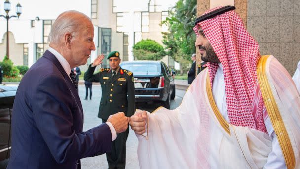 PHOTO: Saudi Crown Prince Mohammed bin Salman fist bumps President Joe Biden upon his arrival at Al Salman Palace, in Jeddah, Saudi Arabia, July 15, 2022. (Bandar Algaloud/Saudi Royal Court via Reuters)