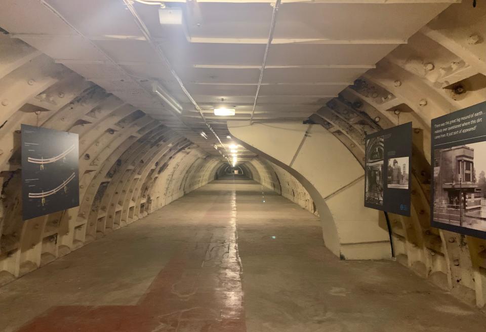 Inside the deep level shelter at Clapham South station, London.