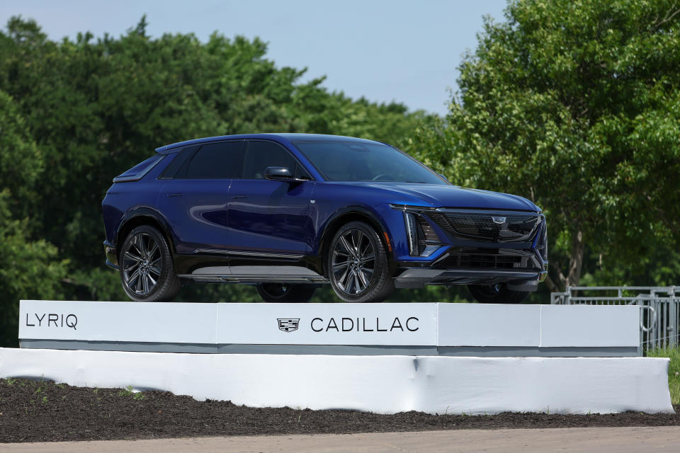 MCKINNEY, TX - MAY 03: A Cadillac LYRIQ sits on a display stage during the second round of the PGA CJ CUP Byron Nelson on May 3, 2024, at TPC Craig Ranch in McKinney, TX. (Photo by David Buono/Icon Sportswire via Getty Images)