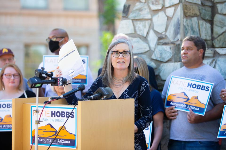 Secretary of State Katie Hobbs, who is running for governor, speaks at a press conference on Nov. 4, 2021.