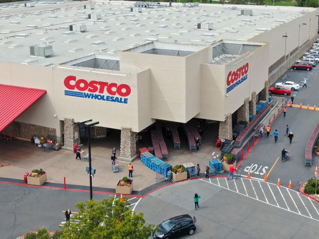 Special lines for shoppers at Costco during COVID-19 pandemic. Coronavirus virus and panic buying concept