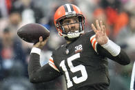 FILE - Cleveland Browns quarterback Joe Flacco (15) throws in the first half of an NFL football game against the Chicago Bears, Sunday, Dec. 17, 2023, in Cleveland. Flacco is a finalist for The Associated Press 2023 Comeback Player of the Year.(AP Photo/Sue Ogrocki, File)