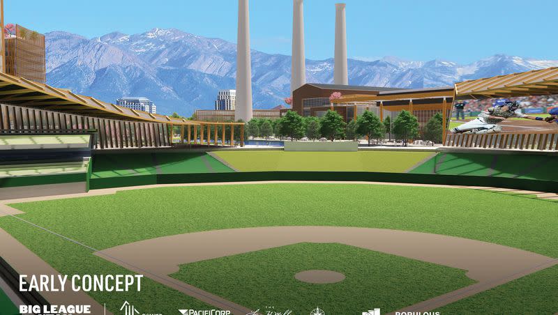Renderings released Wednesday, April 12, 2023, depict what a new Major League Baseball stadium could look like in the Power District located on North Temple in Salt Lake City, according to Big League Utah, a group described as a “broad community coalition led by the Miller family. It consists of Utah’s federal, state and local decision-makers, business and community leaders, former MLB baseball players and potential investors.