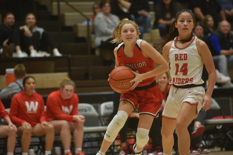 Vermillion seventh-grade guard Taylor Reuvers steps into the lane at the Hanson girls basketball Classic Saturday, Jan. 14 in the Corn Palace.