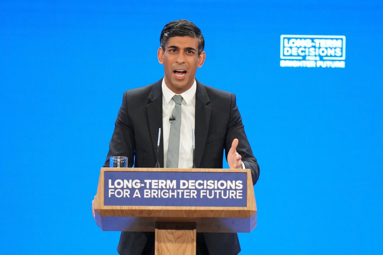 Prime Minister Rishi Sunak delivers his keynote speech at the Conservative Party annual conference at Manchester Central convention complex. Picture date: Wednesday October 4, 2023.