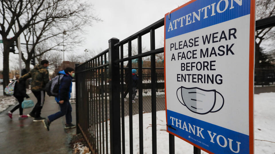 Students arrive at Budlong Elementary School in Chicago