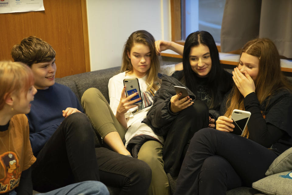 This photo taken Monday, May 13, 2019, teenagers up to the age of 17 gathered at the Tjornin youth center in Reykjavik. Iceland has dried up a teenage culture of drinking and smoking by focusing on local participation in music and sports options for students, with such success that Icelandic teens now have one of the lowest rates of substance abuse in Europe. (AP Photo/Egill Bjarnason)