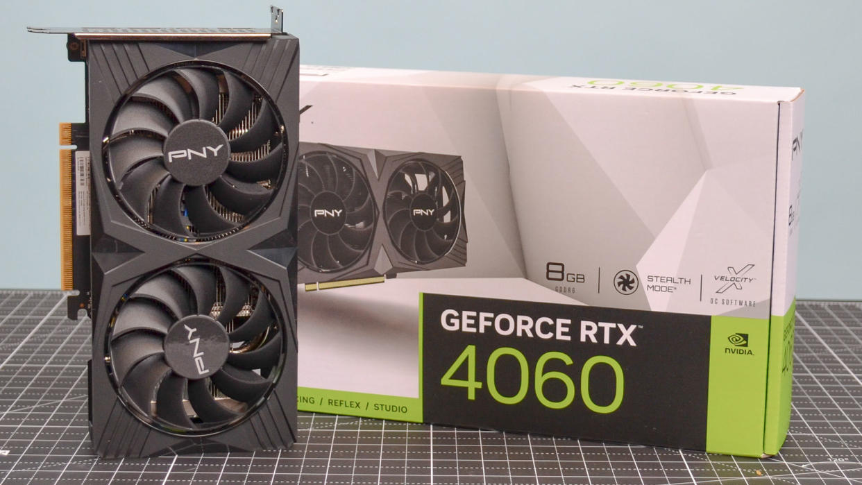  A PNY GeForce RTX 4060 Verto on a table with its retail box 