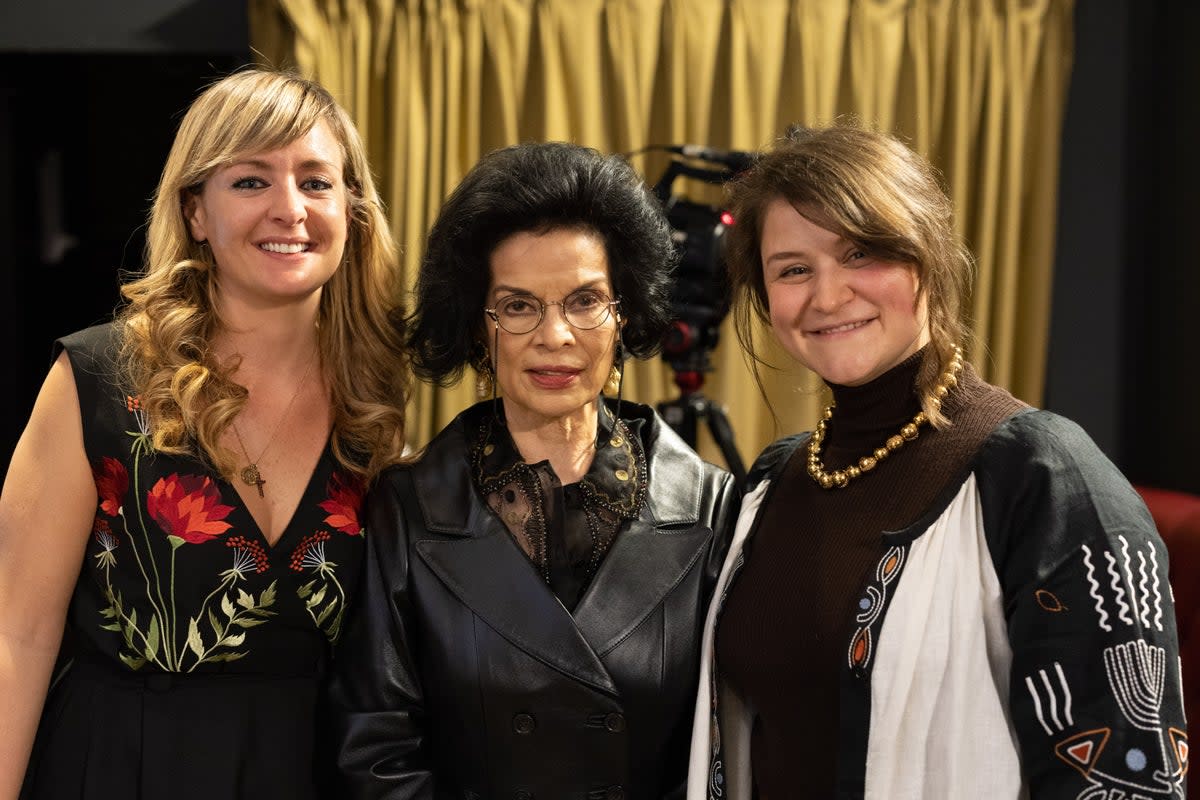 Jagger with Bel Trew (left) and Sasha Romantsova, from the Center for Civil Liberties (right), at the UK screening of Independent TV’s ‘The Body in the Woods’  (Nate Mook/The Independent)