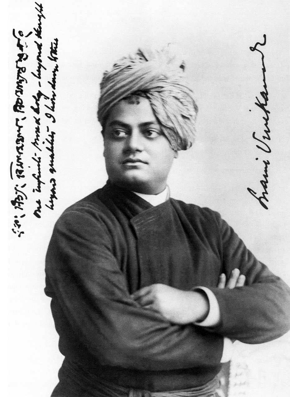 Swami Vivekananda is pictured in September 1893 in Chicagi. On the left note, Vivekananda wrote: "One infinite pure and holy – beyond thought beyond qualities I bow down to thee."