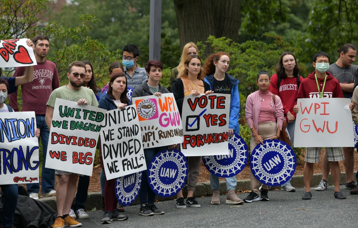 Worcester Polytechnic Institute graduate students hold a rally to unionize Monday.