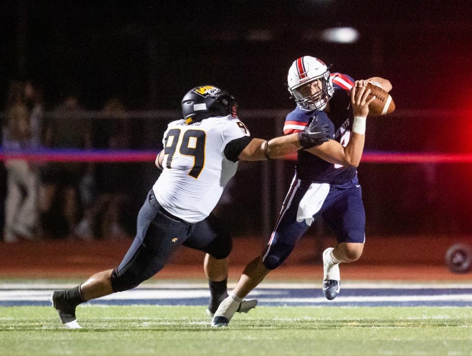 Saguaro defensive lineman Jonathan Gallardo attempts to block ALA-Queen Creek quarterback Enoch Watson at ALA-Queen Creek on Aug. 25, 2023.