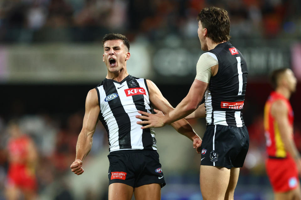 GOLD COAST, AUSTRALIA - JUNE 29: Nick Daicos of the Magpies celebrates a goal during the round 16 AFL match between Gold Coast Suns and Collingwood Magpies at People First Stadium, on June 29, 2024, in Gold Coast, Australia. (Photo by Chris Hyde/Getty Images)