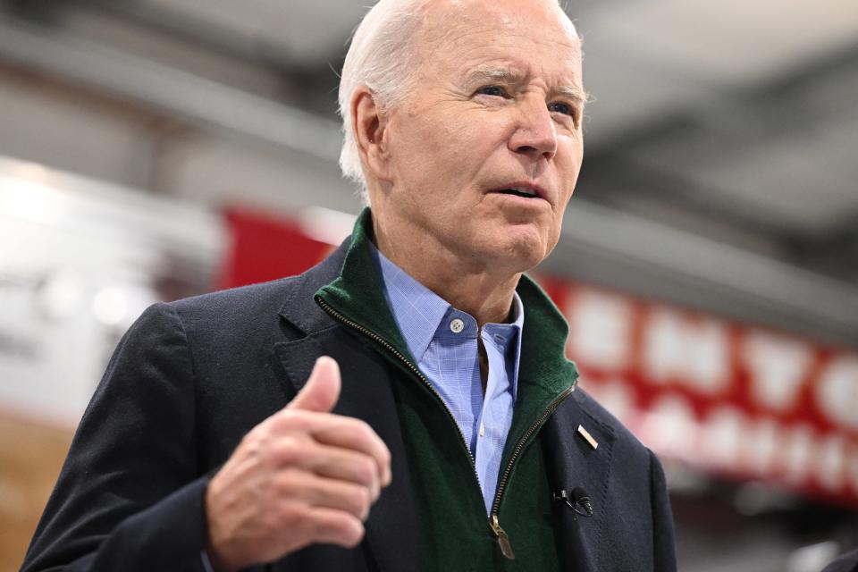 US President Joe Biden speaks to the press during a visit to the Fire Training Academy in Allentown, Pennsylvania, on January 12, 2024.