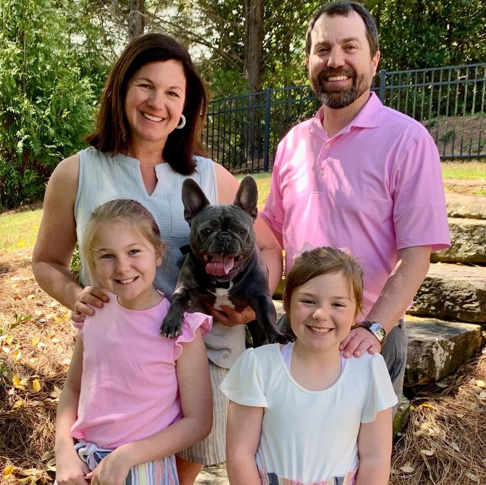 Mom Holley Grainger with her husband, two children and French bulldog.