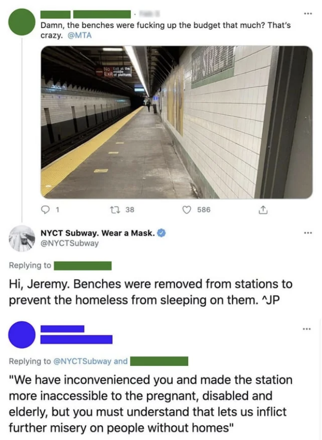 A screenshot of Twitter conversations discussing removal of subway benches to deter homelessness and its impact on the elderly and disabled