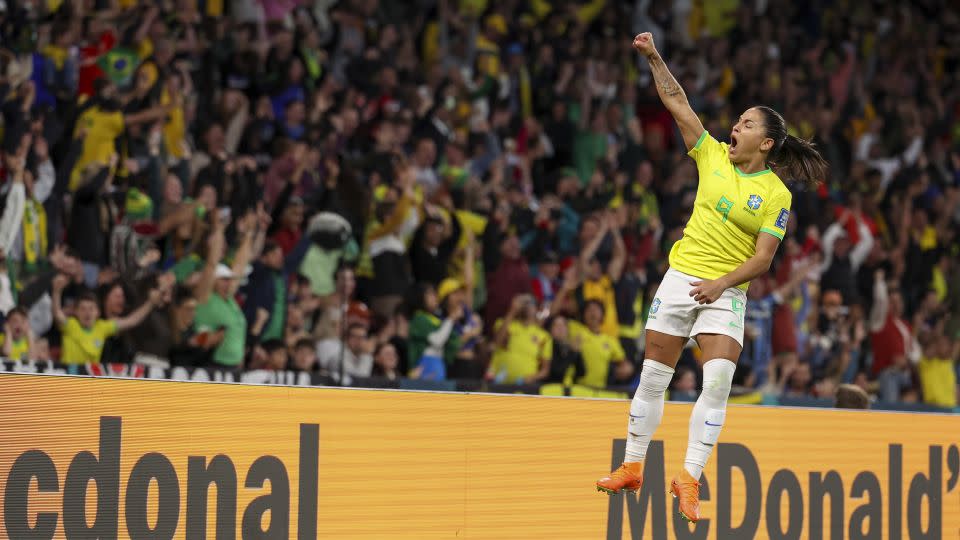 Brazil's Debinha celebrates her equalizer. - Katie Tucker/AP