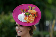 <p>A racegoer poses for photographers on the second day of the Royal Ascot horse race meeting in Ascot, England, Wednesday, June 21, 2017. (AP Photo/Tim Ireland) </p>