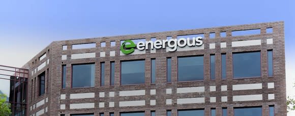 Brick building with Energous logo on the side.