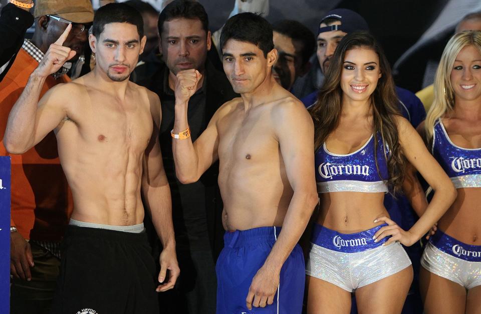 NEW YORK, NY - OCTOBER 19: (L-R) Boxers Danny Garcia and Erik Morales pose during their weigh in at the Barclays Center on October 19, 2012 in the Brooklyn Borough of New York City. (Photo by Alex Trautwig/Getty Images)