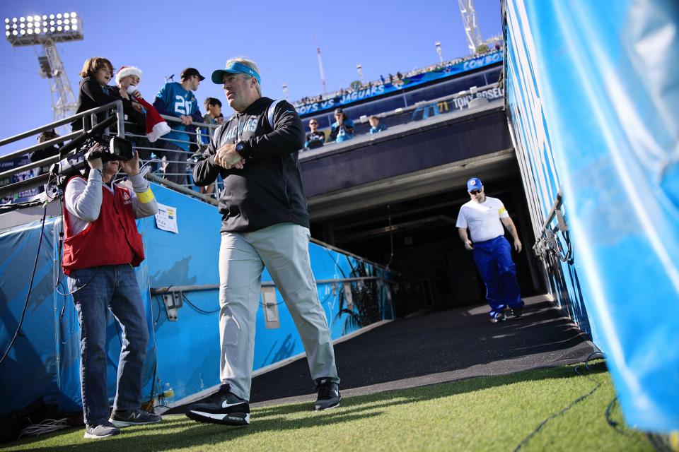 Jacksonville Jaguars head coach Doug Pederson walks onto the field before a regular season NFL football matchup between the Jacksonville Jaguars and the Dallas Cowboys Sunday, Dec. 18, 2022 at TIAA Bank Field in Jacksonville. [Corey Perrine/Florida Times-Union]