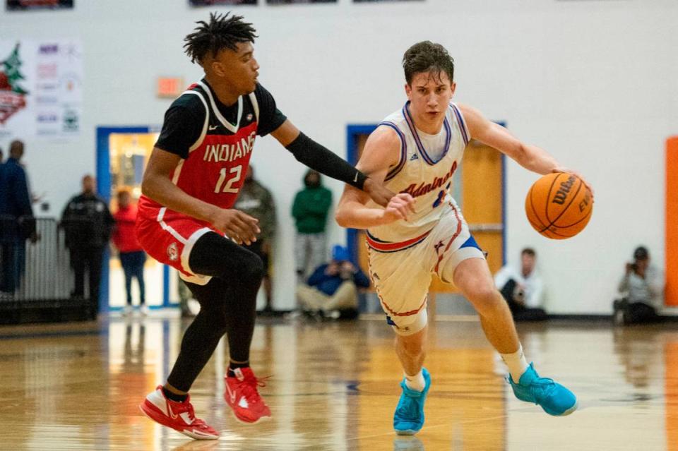 Gulfport’s Matt Krass dribbles the ball past Biloxi’s Duran Parish during a game against Biloxi at Gulfport High School in Gulfport on Friday, Jan. 13, 2023. Hannah Ruhoff/AP