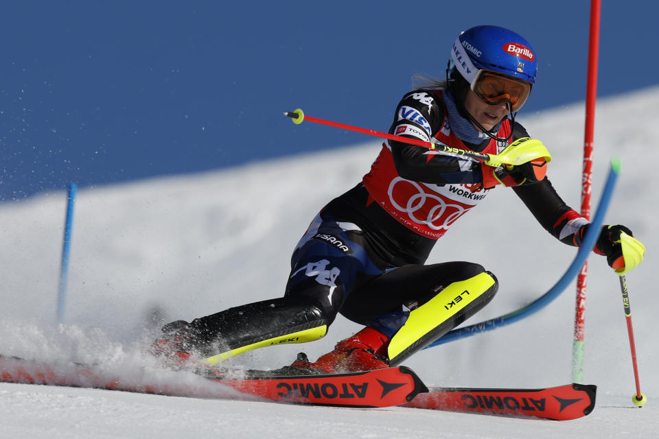 United States' Mikaela Shiffrin speeds down the course during an alpine ski, women's World Cup slalom, in Are, Sweden, Sunday, March 10, 2024. (AP Photo/Alessandro Trovati)