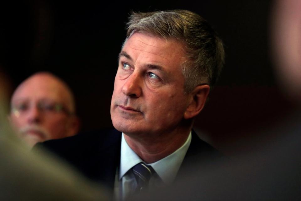 Alec Baldwin waits to speak during the Iowa Democratic Party's Fall Gala, in Des Moines, Iowa(AP)