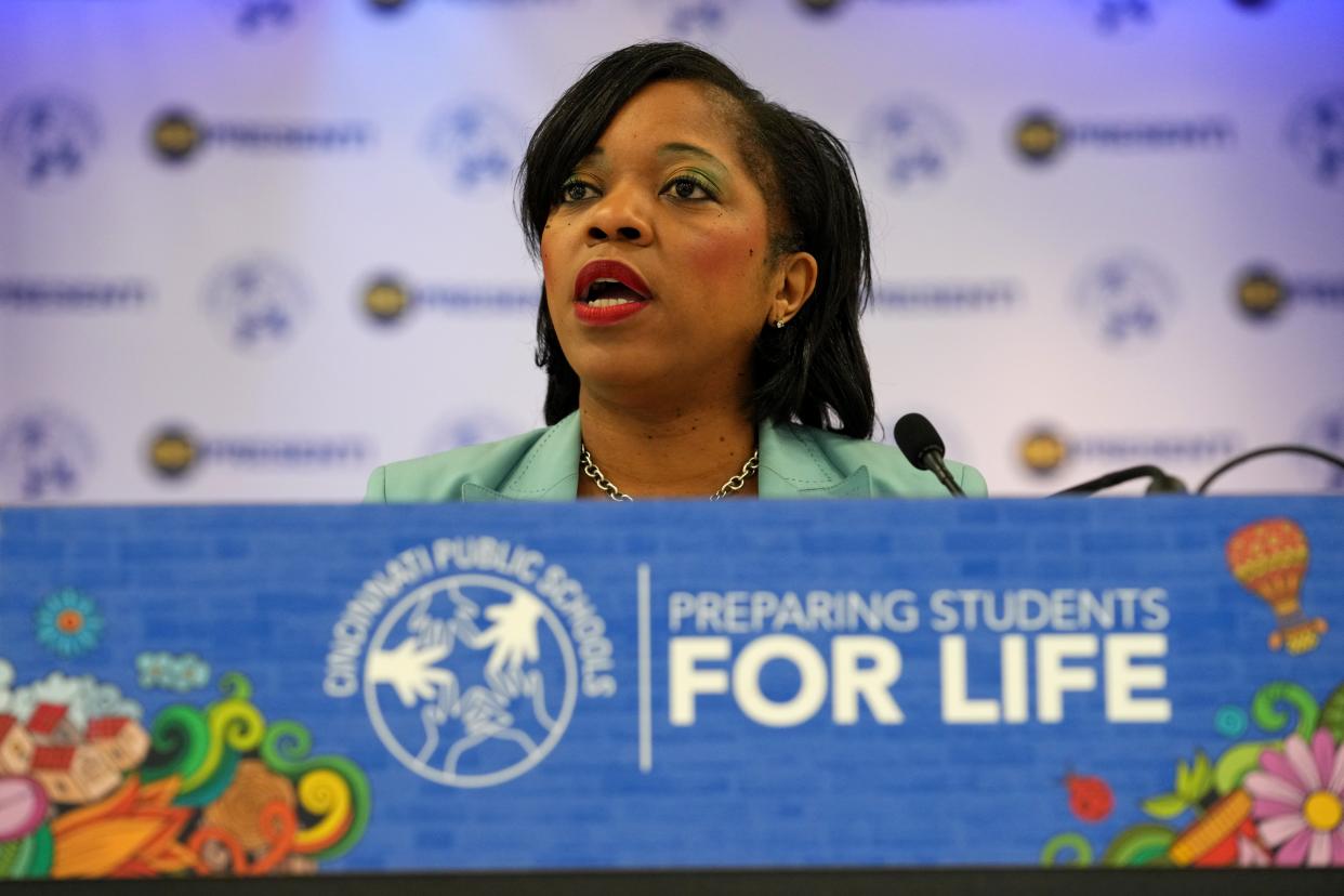 Cincinnati Public Schools Superintendent Iranetta Wright delivers an update on the progress, changes and challenges facing the district heading into the 2023-2024 school year, Thursday, Aug. 10, 2023, at the former Bramble Elementary School building in the Madisonville neighborhood of Cincinnati. CPS purchased the property last year, and serve as a preschool with four classrooms to start before the entire school is put to use.